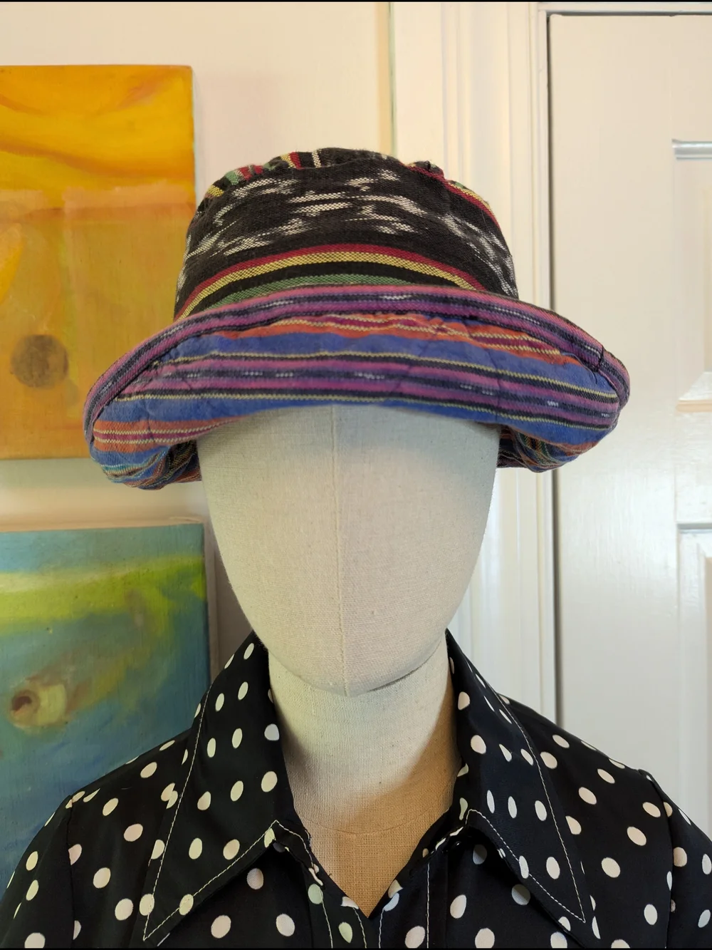 Vintage 1990s Reversible Bucket Hat - Multicolored Ikat Fabric